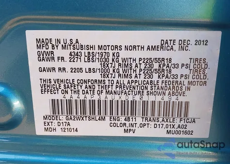 2013 Mitsubishi Outlander Sport Es из США, поврежденный, VIN 4A4AP3AUXDE011494